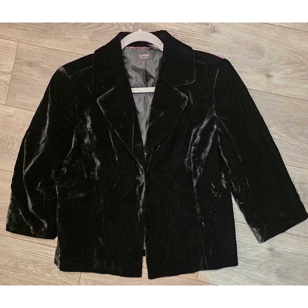 Nicole Miller Women 14 Blazer Black Crushed Velvet Single Button 3/4 Sleeve